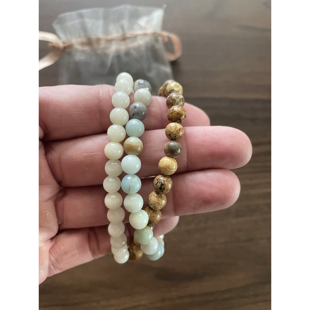 Set of 3 Natural Stone Beaded Stretch Bracelets – Amazonite, Jasper And Quartz - Picture 2 of 4